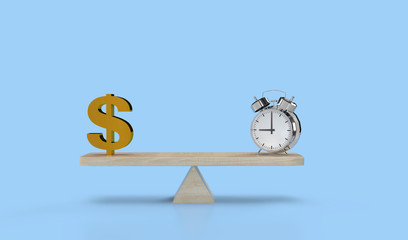 Clock and money balancing on a seesaw. Time is money illustration. Financial strategy business...