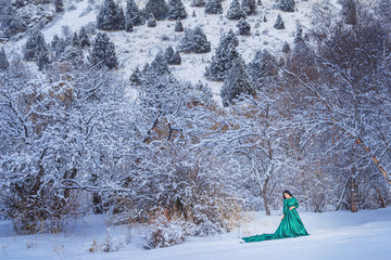 A girl in  fabulous long green dress in the snow-covered mountains. A woman in a fairy-tale dress...