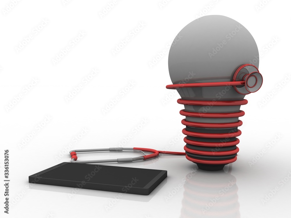 Poster 3d rendering stethoscope connected bulb with mobile phone