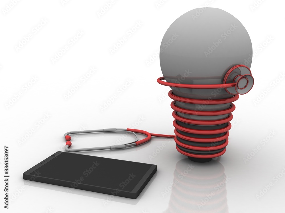 Poster 3d rendering stethoscope connected bulb with mobile phone