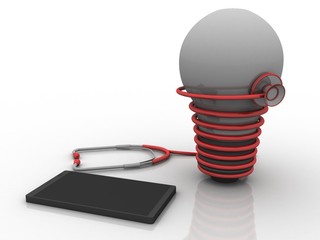 3d rendering Stethoscope connected bulb with mobile phone