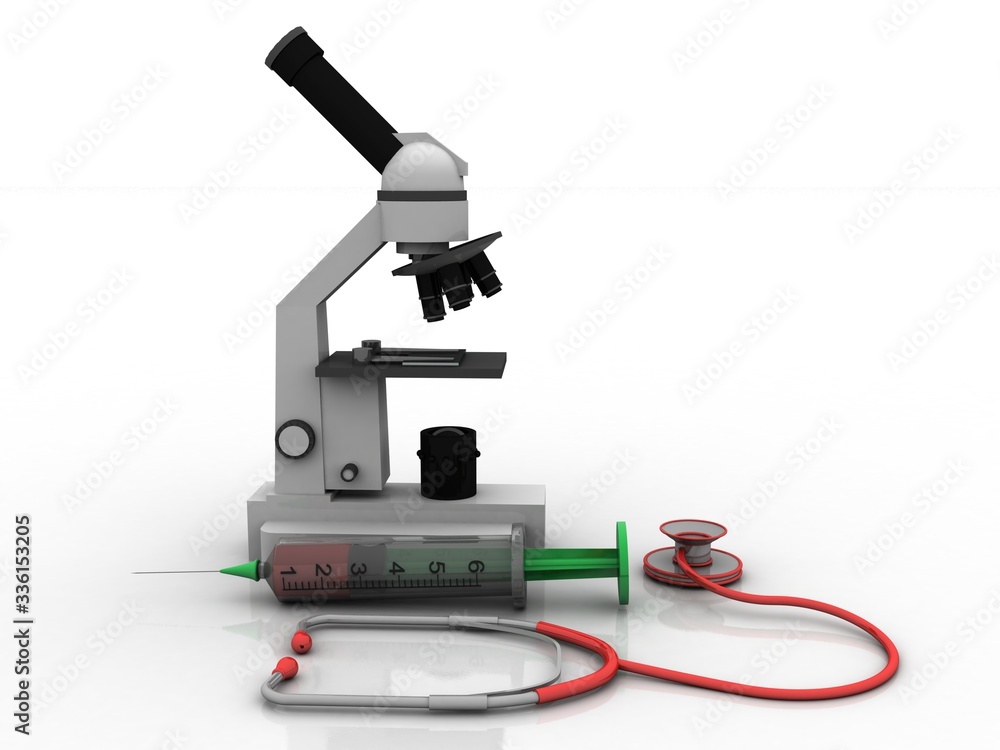 Poster 3d rendering microscope with stethoscope near syringe