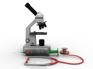 3d rendering Microscope with stethoscope near Syringe