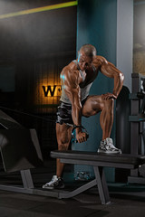 Obraz na płótnie Canvas Man doing triceps exercise in the simulator