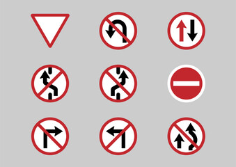 Flat icons for Traffic sign,Give Way,No U-Turn,No Left Turn,No Right Turn,No Overtaking,No changing lane,No entry,vector illustrations