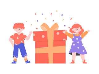 Obraz na płótnie Canvas Joyful boy and girl next to a big gift box. Surprise, holiday, children's party. Vector flat illustration.