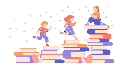 Cute children characters and stacks of books. Friends learn to read together.  Boys and a girl of preschool age. Vector flat illustration.