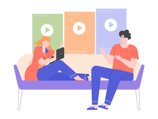 Young pretty couple sitting on the couch with laptop. Media content. Watch a movie, series, shows. Streaming video service, online cinema. Vector flat.