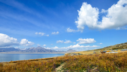 Beautiful mid-autumn landscape of Sayram Lake, China