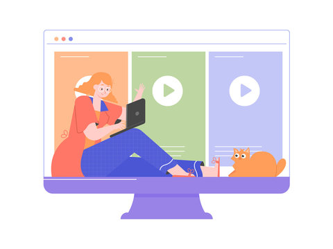 Cute woman character is watching movies, TV shows, series. The cat sits nearby. Large monitor with media content. Streaming service and online cinema. Vector flat illustration.
