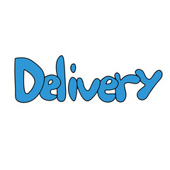 Lettering in cartoon style in blue color of the word delivery. Hand drawn vector illustration in doodle outline style. Concept of international shipping, post, online shopping, buying products.