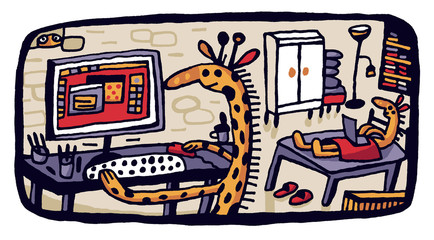 illustration giraffes home office cartoon quarantine
