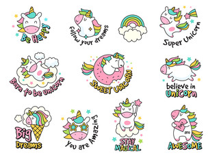 Unicorn labels collection. Retro fashioned stickers and badges with fantasy funny characters vector set. Label doodle badge unicorn sticker illustration