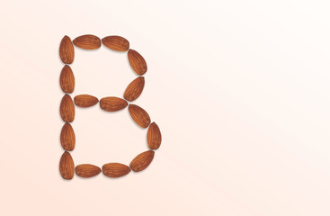 Letter B of the English alphabet from nuts. Food pattern made from nuts alphabet for shop and diet