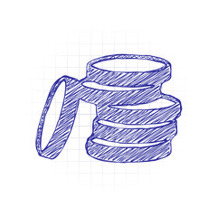Coin stack icon. Hand drawn sketched picture with scribble fill. Blue ink. Doodle on white background