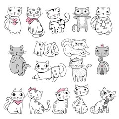 Funny cats. Doodle pets hand drawn characters comic animals vector illustrations. Comic kitten, funny doodle drawn, feline fluffy character