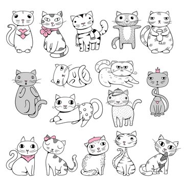 Funny cats. Doodle pets hand drawn characters comic animals vector illustrations. Comic kitten, funny doodle drawn, feline fluffy character