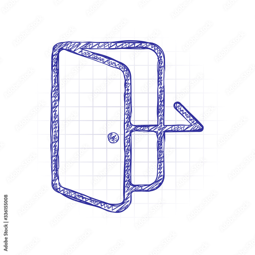 Poster exit icon. linear, thin outline. hand drawn sketched picture with scribble fill. blue ink. doodle on