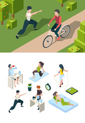 Naklejka na ściany i meble Healthy lifestyle. Daily activities of sport people nutrition for health active habits of successful person vector isometric. People do exercise for healthy, isometric fitness and yoga illustration