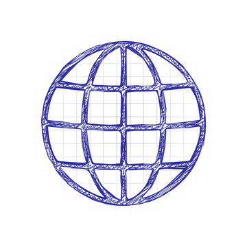 Simple globe icon. Linear, thin outline. Hand drawn sketched picture with scribble fill. Blue ink. Doodle on white background