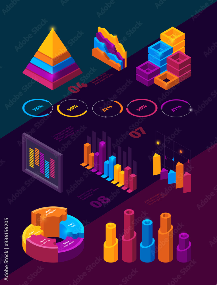 Poster Futuristic business charts. Isometric infographic analysis symbols holographic neon style panels bars and graphs vector ui ellements. Business chart isometric, futuristic graph illustration