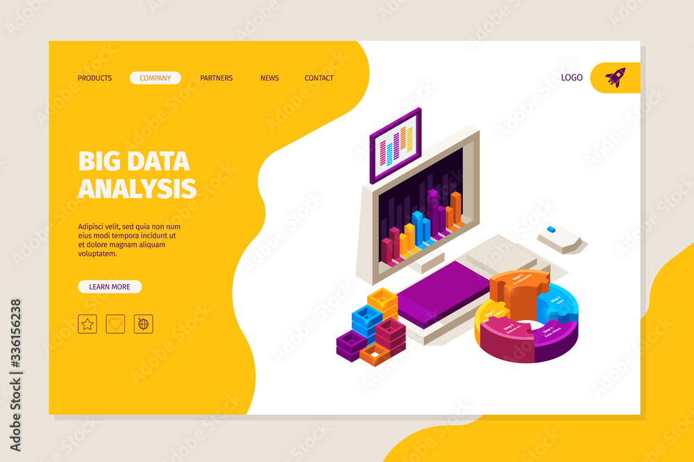 Poster data analysis landing. business concept with gadgets and infographic symbols charts graphs diagrams 