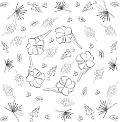 Flowers with leaves and berries on a white background. Coloring book for children. Pattern on the fabric. Floral berry forest print. Floral design. Isolated blooming art. Stylization leaf decoration. 