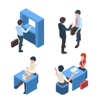 Bank managers. Business stuff client service people banking customers reception person vector isometric characters. Bank finance employee, cashier and staff consulting illustration