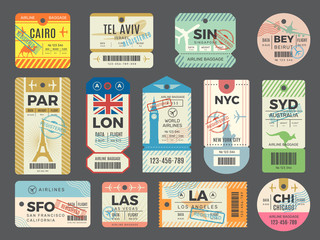 Baggage retro tags. Traveling old tickets flight labels stamps for luggage vector set. Luggage tag ticket, airplane paper baggage card illustration - obrazy, fototapety, plakaty