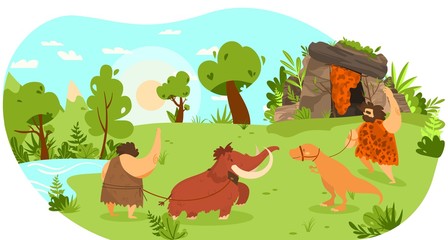 Stone age people with pet animal, mammoth and dinosaur on leash, funny vector illustration. Prehistoric man lifestyle, primitive human cartoon character. Comic savage barbarian as friendly neighbor