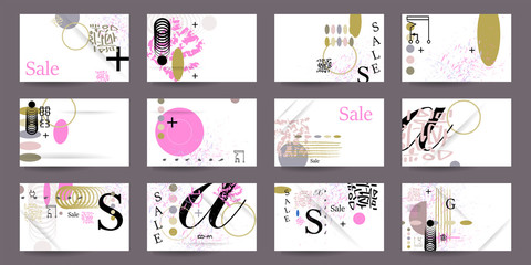 Stock set of vector art colors backgrounds of geometric elements. Modern set of creative cards or posters with lines and dots, letters and convenient compositions