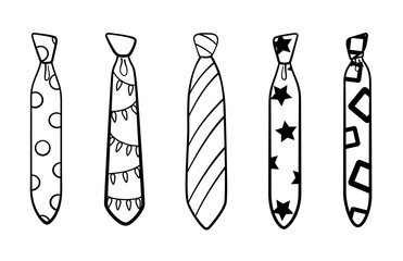 Five outline style neckties with different knots and patterns set on white background