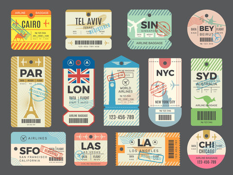 Baggage retro tags. Traveling old tickets flight labels stamps for luggage vector set. Luggage tag ticket, airplane paper baggage card illustration