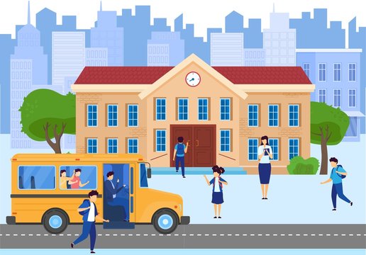 School bus, building, and front yard with students children, teacher on cityscape background cartoon vector illustration. Children transportation yellow school bus with kids inside, going to learn.
