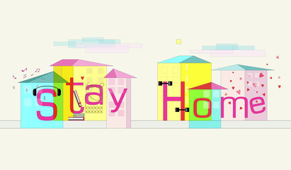 Color geometric inscription with houses "Stay at home". Vector graphics.