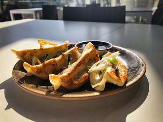 delicious plate on an asian restaurant, hand made dumplings.