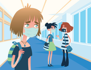 Concerned girl in medical mask looks at two masked friends who are talking, not keeping their distance from each other. Vector illustration of situation in hospital corridor. Covid-19 pandemic.