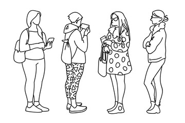 Women standing in different poses. Sketch. Vector illustration of various girls with phone, bag, backpack. Black lines isolated on white background. Simple line art style. Monochrome minimalism.
