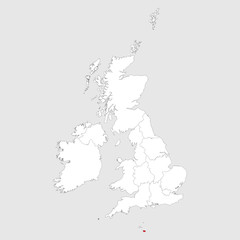 Jersey map highlighted red on united kingdom political map. Light gray background. Perfect for Business concepts, backgrounds, backdrop, chart, label, sticker, banner and wallpapers.