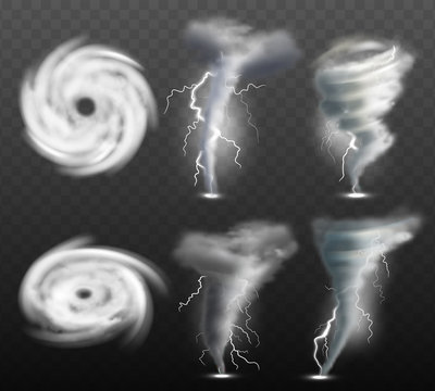 Weather tornado. Water cyclonic storm nature power vector realistic tornado pictures. Cyclone storm tornado, nature weather catastrophe illustration