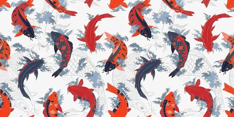 Tapeten Japanischer Stil Rote und orangefarbene Koi-Karpfen japanisches graues nahtloses Muster