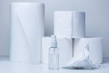 Hand sanitizer and face mask on store shelf hospital supplies for corona virus