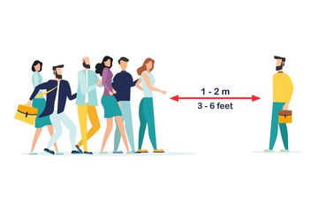 Keep distance sign. Coronovirus epidemic protective equipment. Preventive measures. Steps to protect yourself. Keep the 1 meter distance. Vector illustration.