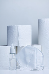Hand sanitizer and face mask on store shelf hospital supplies for corona virus