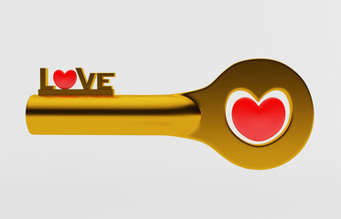 golden door key isolated on black background withe love word. 3D rendering