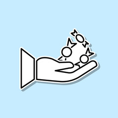 Human hands hold candy halloween sticker icon. Simple thin line, outline vector of halloween icons for ui and ux, website or mobile application