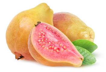 Isolated guava fruits. Three yellow guavas isolated over white background