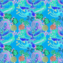 Fototapeta na wymiar Creative seamless pattern with hand drawn chinese art elements: dragon, phoenix and flowers. Trendy print. Fantasy chinese print, great design for any purposes. Asian culture. Abstract art.