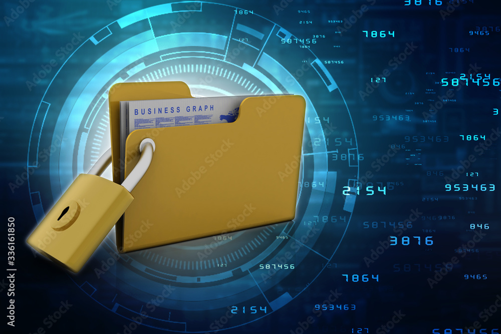 Poster yellow folder and lock. data security concept. 3d rendering