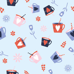 Seamless Vector Pattern with colorful tea and coffee cups and hearts, for decoration, print, stationery, fabric, textile